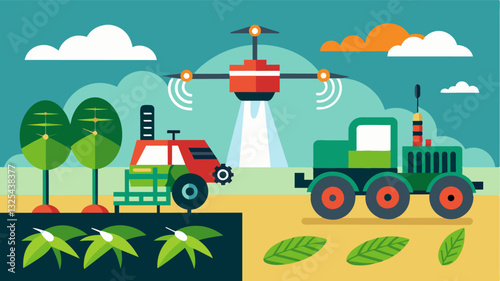 Utilization of IoTbased farming equipment such as precision sprayers and harvesting robots for increased efficiency and productivity.. Vector illustration