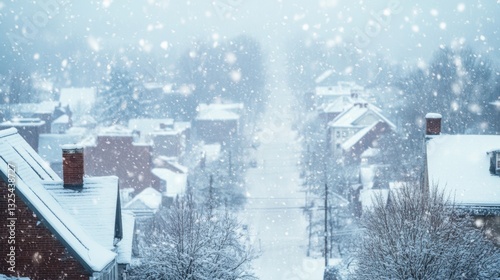 Fototapeta Naklejka Na Ścianę i Meble -  Snowstorm sweeping through a small town, streets and