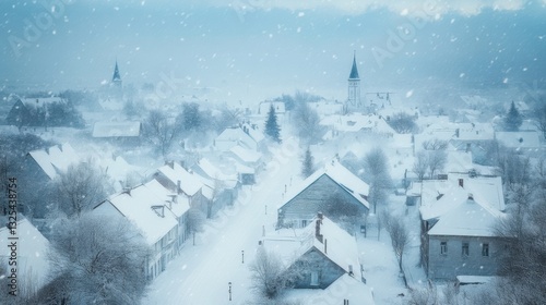 Fototapeta Naklejka Na Ścianę i Meble -  Snowstorm sweeping through a small town, streets and