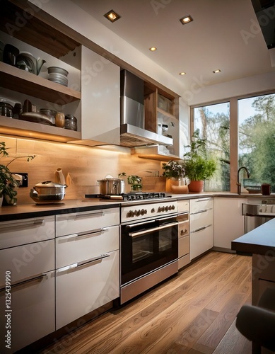 A clean, modern kitchen featuring a self-cleaning oven and AI-powered cooking assistant.