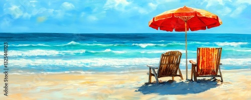 Two empty chairs sit under a bright red beach umbrella
