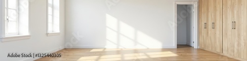 Empty white-walled bedroom, laminate floor, fitted wardrobe , apartment, new, furniture