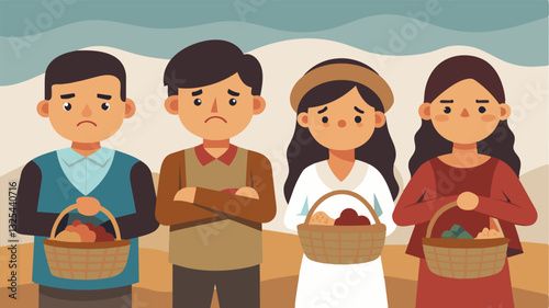 The vendors frowns match the barrenness of their baskets as they struggle to provide for their families amidst the scarcity of food.. Vector illustration
