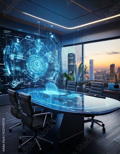 A futuristic meeting room with a holographic conference system and smart board. 