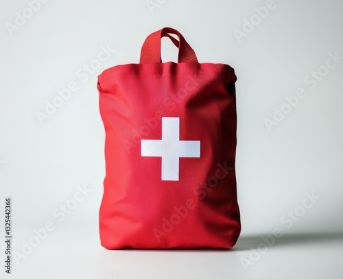 Red first-aid kit bag against a plain background photo