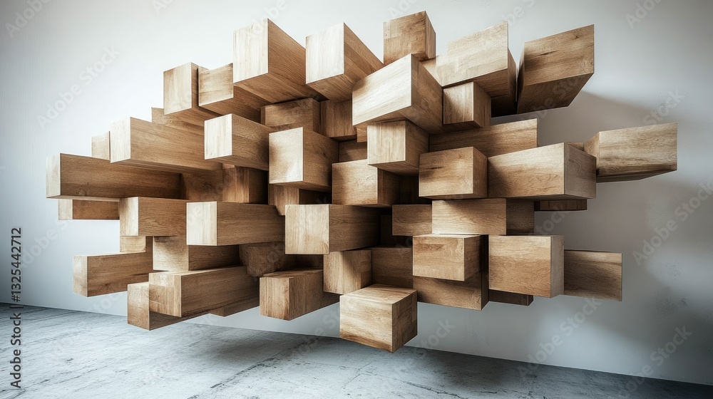 Floating wooden cube shelves arranged in an asymmetrical layout. Floating wooden cube shelves arranged in an asymmetrical layout.