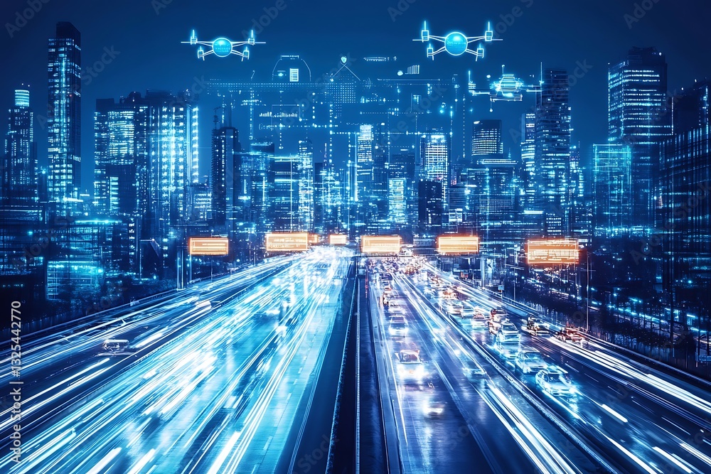 Fototapeta premium Drones flying over a highway in a futuristic city at night, for transportation solutions