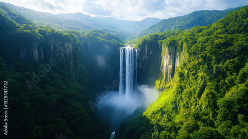 breathtaking natural landscape featuring majestic waterfall surrounded by lush greenery and mountains, evoking sense of tranquility and wonder