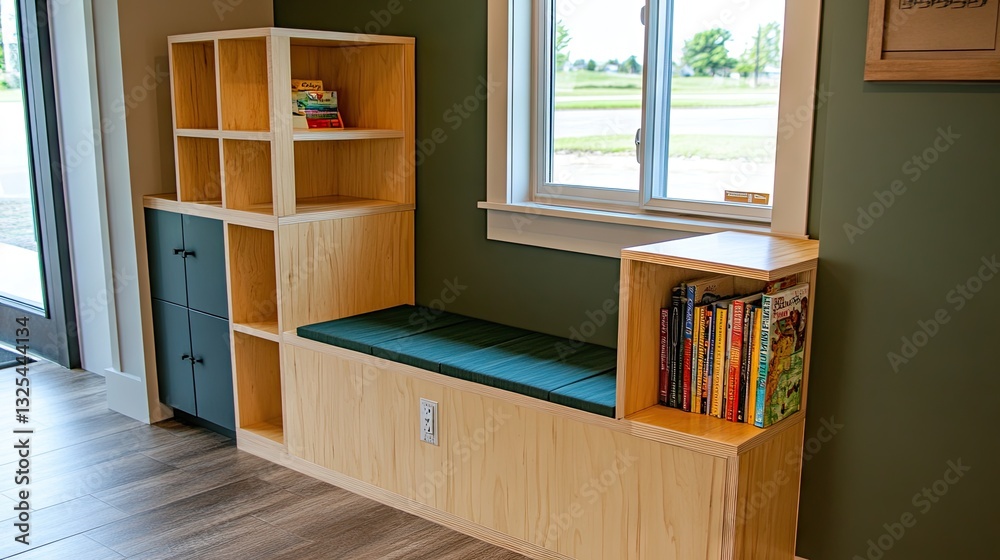Home office featuring a modular bookshelf with built-in seating. Home office featuring a modular bookshelf with built-in seating.