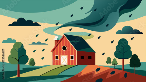 The strong winds howling through the countryside whistle through the holes in the barns roof a haunting sound that echoes the struggles of farmers trying to keep their livelihood. Vector illustration