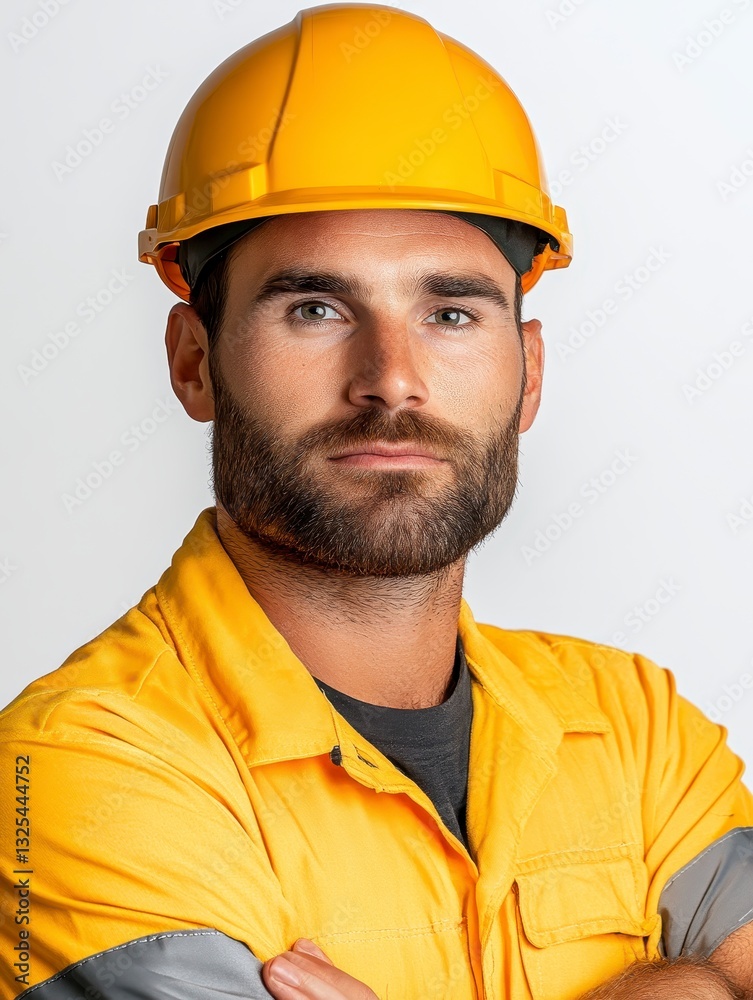 Portrait of a Confident Construction Worker in Yellow Hard Hat and Shirt Portrait of a Confident Construction Worker in Yellow Hard Hat and Shirt
