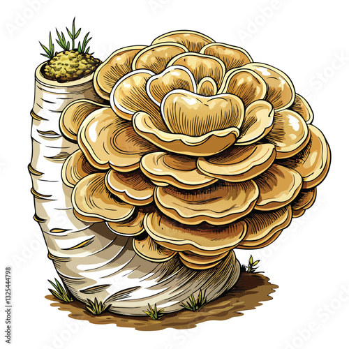 Detailed close-up of a round, beige Fomitopsis betulina (birch polypore) fungus growing on birch bark, showing its texture and pores.