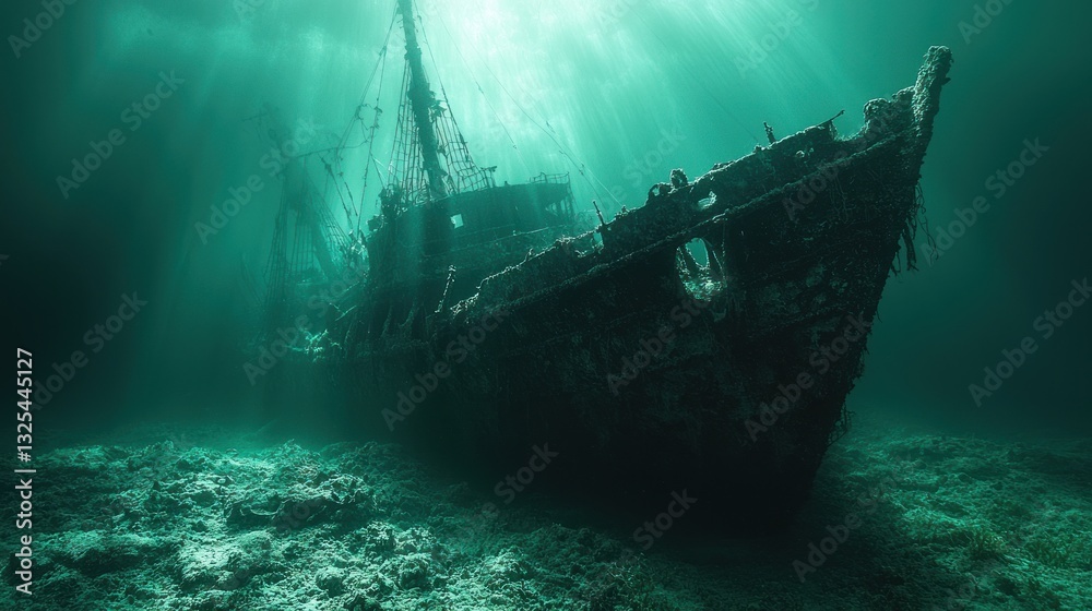 Sunbeams illuminate a sunken shipwreck resting on the ocean floor, surrounded by coral. Sunbeams illuminate a sunken shipwreck resting on the ocean floor, surrounded by coral.