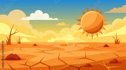 The sun beat down relentlessly on the dry parched field the heat making mirages dance across the cracked soil.. Vector illustration