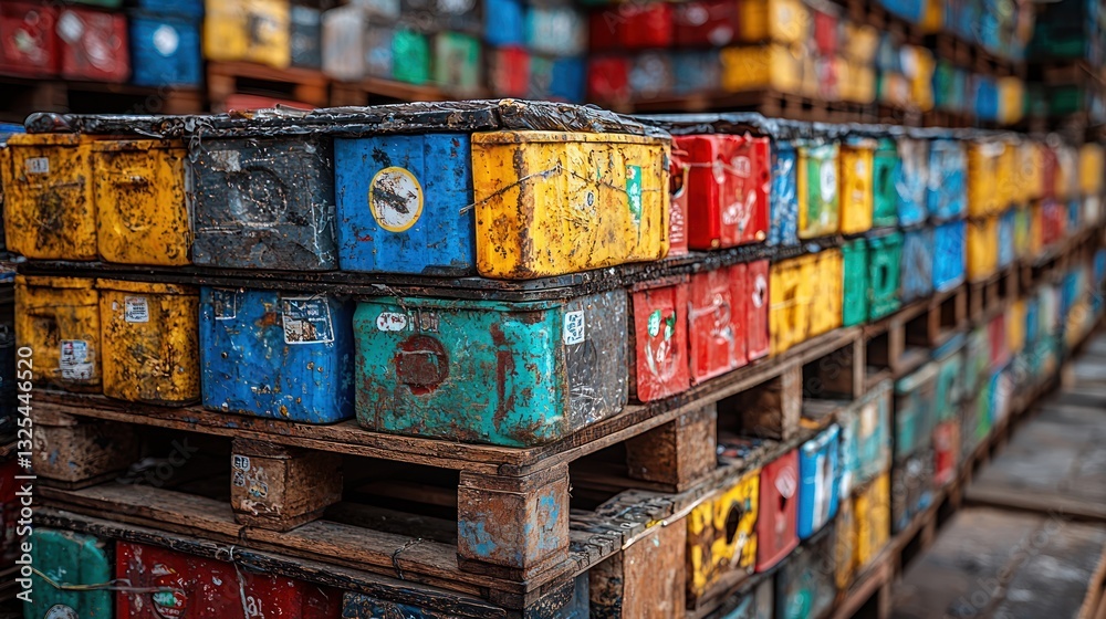 Naklejka premium Stacked, weathered, colorful metal boxes on wooden pallets.