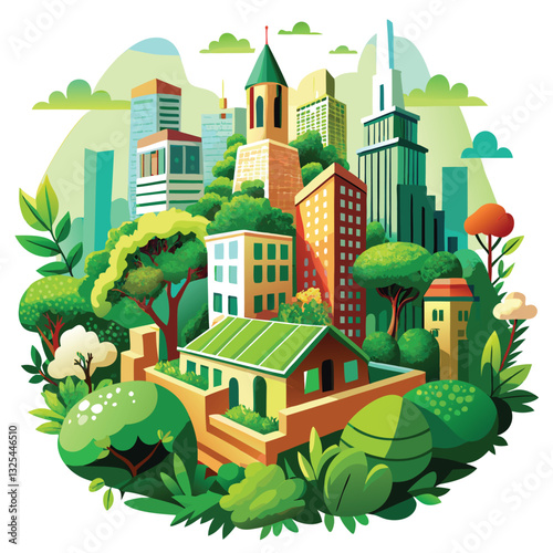 A vibrant city skyline transformed by abundant lush green rooftop gardens, showcasing sustainable urban design and environmental harmony.