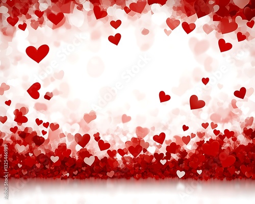 Red hearts of varying sizes adorn a bright white background display