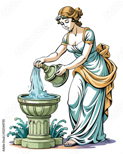 A detailed image of a classic, ornate marble fountain statue depicting a graceful woman pouring water, showcasing intricate detailing and weathered texture.