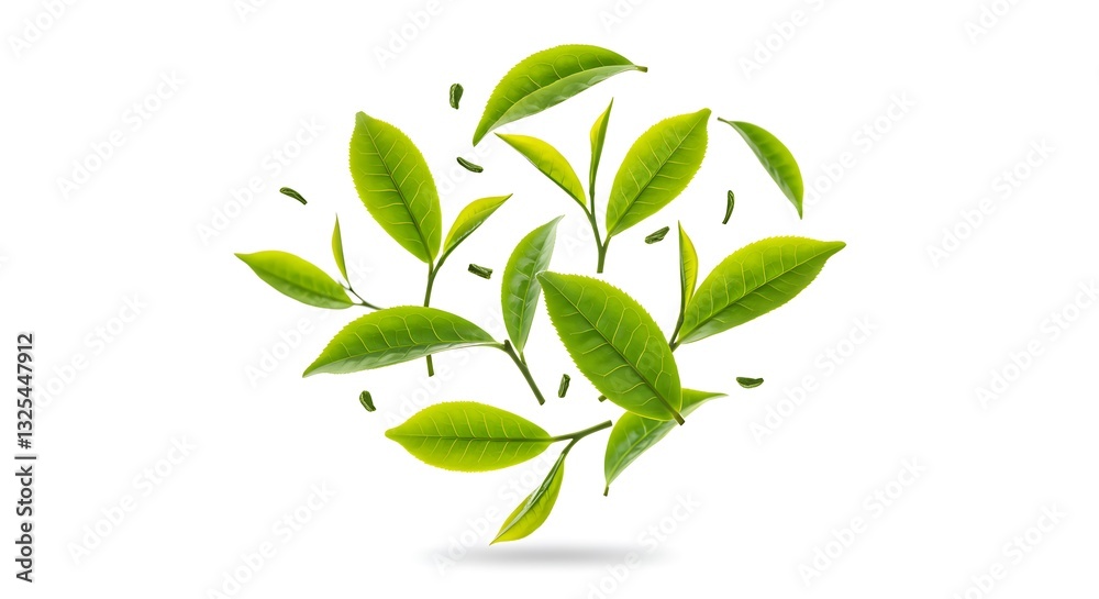 Fototapeta premium Vividly flying in the air green tea leaves isolated on white background