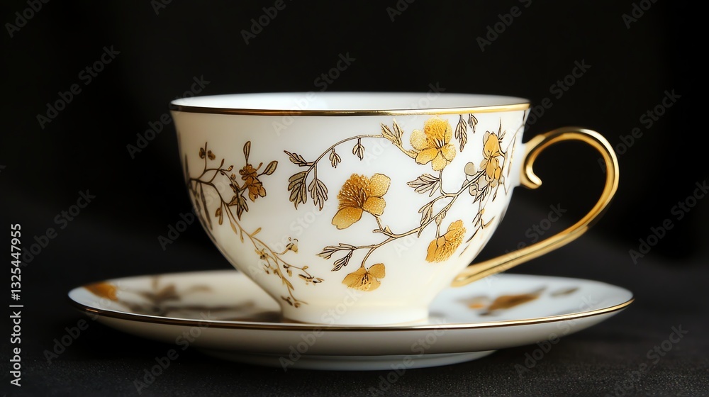 A delicate porcelain teacup with floral patterns and a gold rim, elegantly placed on a matching saucer against a dark background. A delicate porcelain teacup with floral patterns and a gold rim, elegantly placed on a matching saucer against a dark background.