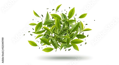 Vividly flying in the air green tea leaves isolated on white background