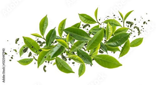 Vividly flying in the air green tea leaves isolated on white background