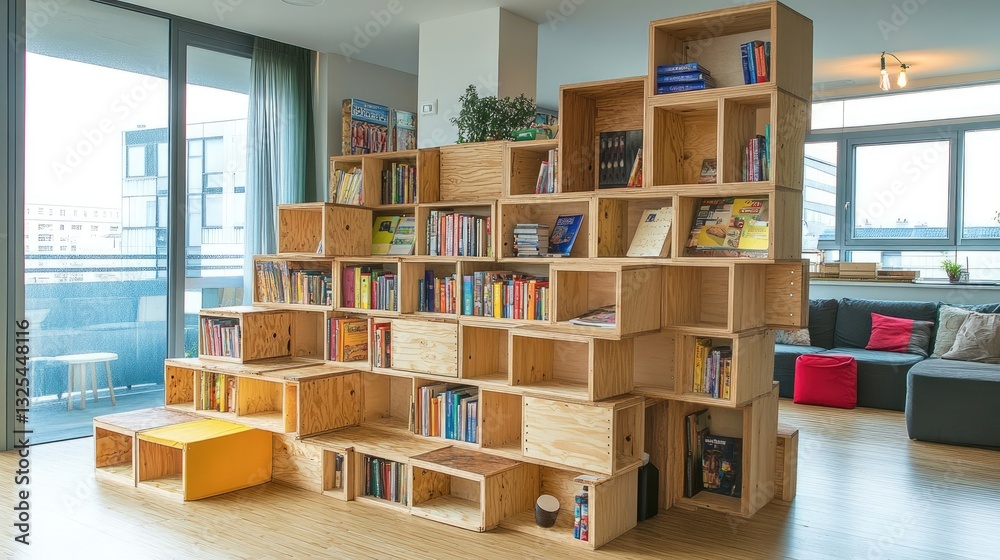 Multi-functional wooden shelving unit with a built-in reading desk. Multi-functional wooden shelving unit with a built-in reading desk.