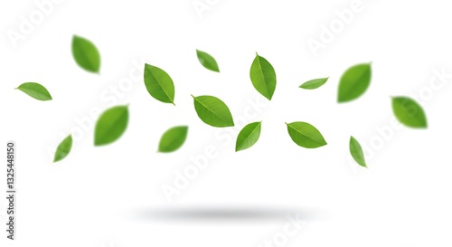 Green leaves flying in the air isolated on white background