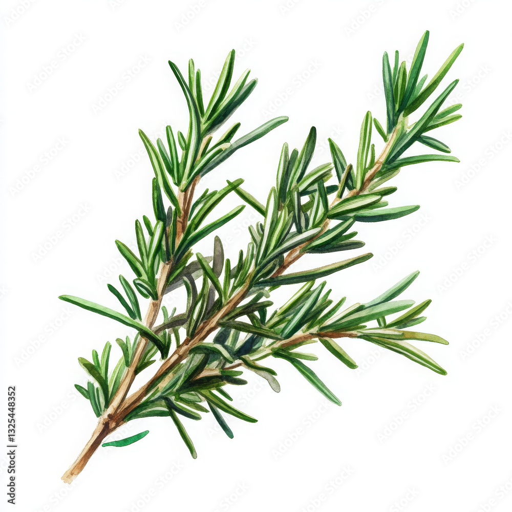 Fototapeta premium Watercolor illustration of rosemary sprig, freshly picked and vibrant