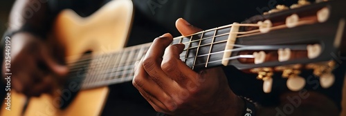 Skilled musician s hands playing mesmerizing melody on wooden acoustic guitar