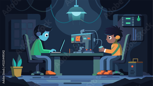 In a dimly lit bat two teens sit at a desk strewn with wires and computer parts coding a robot together for a local competition.. Vector illustration