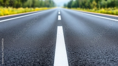 A close-up view of a smooth, asphalt road lined with white markings, leading into a green landscape, evoking a sense of journey and adventure.
