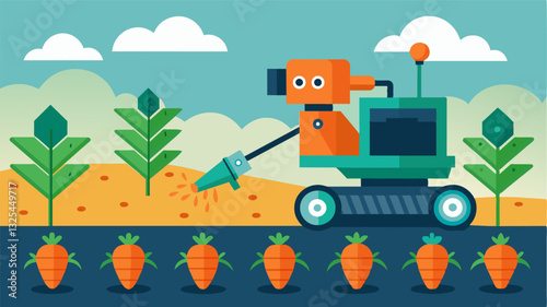 With advanced camera technology a robotic carrot harvester can accurately identify and pick the perfect carrots leaving behind any underdeveloped or damaged ones.. Vector illustration