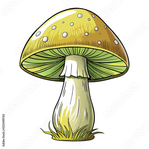 Detailed close-up photograph of a Death Cap mushroom (Amanita phalloides), showcasing its pale green cap, white gills, and characteristic bulbous base. High-resolution image.