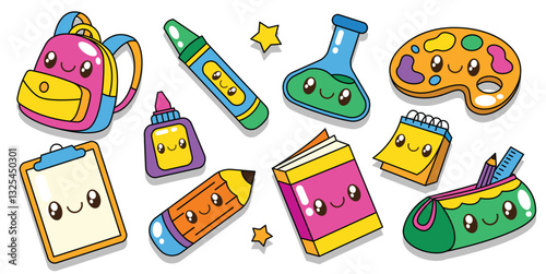 Set of cute cartoon kawaii back to school element cartoon illustration