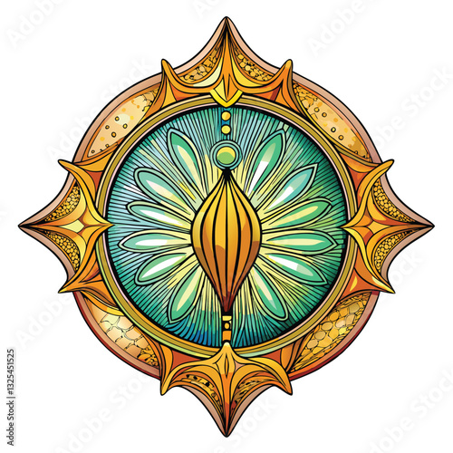 Microscopic image of a diatom cell showcasing its intricate, symmetrical, glass-like silica shell structure.  High detail, vibrant colors.