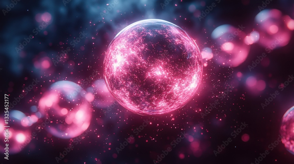 Glowing pink sphere with particles in dark space. Glowing pink sphere with particles in dark space.