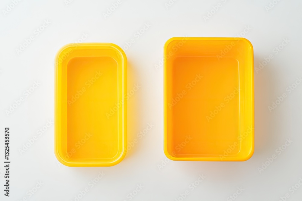 Two empty rectangular plastic food containers, one larger than the other, are shown on a white background Two empty rectangular plastic food containers, one larger than the other, are shown on a white background