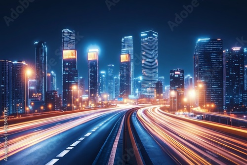 Night city highway traffic streams past illuminated modern skyscrapers for urban design