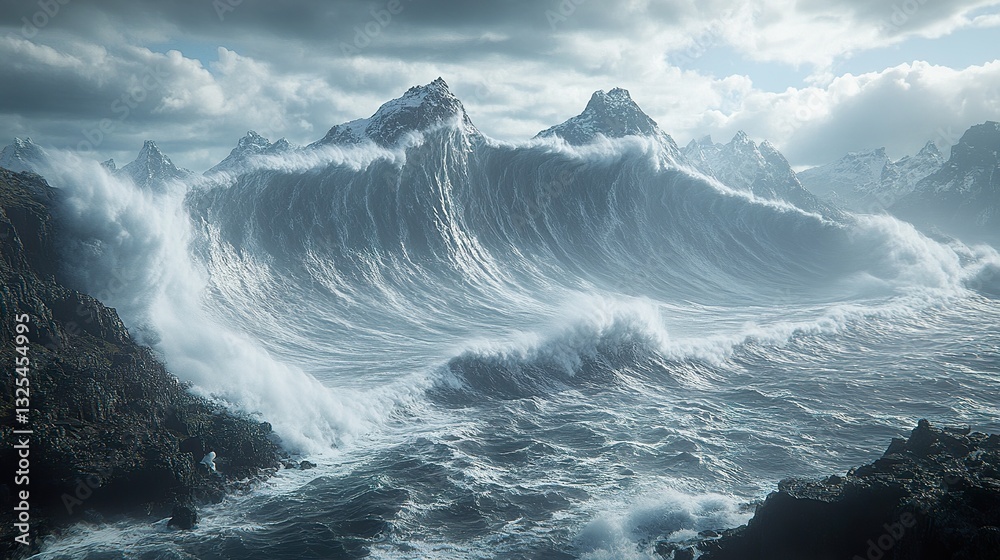 The dramatic ocean waves crashing against mountains in cloudy weather The dramatic ocean waves crashing against mountains in cloudy weather
