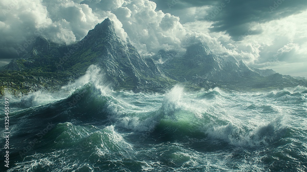Fototapeta premium The stormy ocean surges towards mountainous green islands with clouds