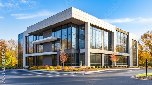 Sleek modern cube office building with parking lot in suburban maryland