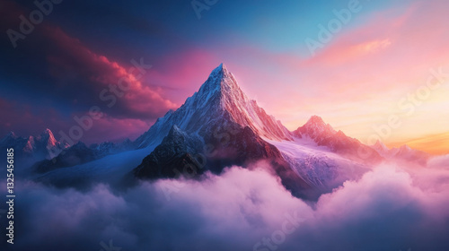 Fototapeta Naklejka Na Ścianę i Meble -  Majestic mountain peak surrounded by clouds at sunset, showcasing vibrant colors and dramatic lighting. breathtaking natural landscape that evokes sense of wonder and tranquility