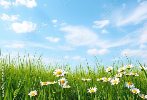 Abstract vector sky with green grass and white chamomile flowers, backdrop, sky