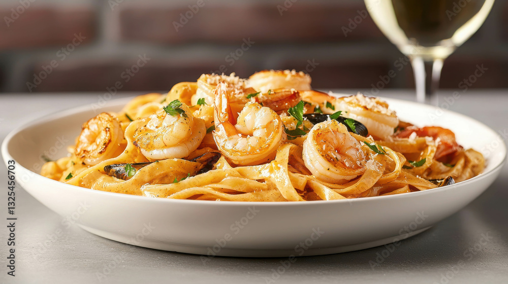 Fototapeta premium Luxurious Seafood Linguine Dish with Shrimp and Fresh Herbs in a Cozy Setting