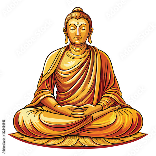 A serene golden Buddha statue in a meditative lotus pose, bathed in soft light, exhibiting intricate details.