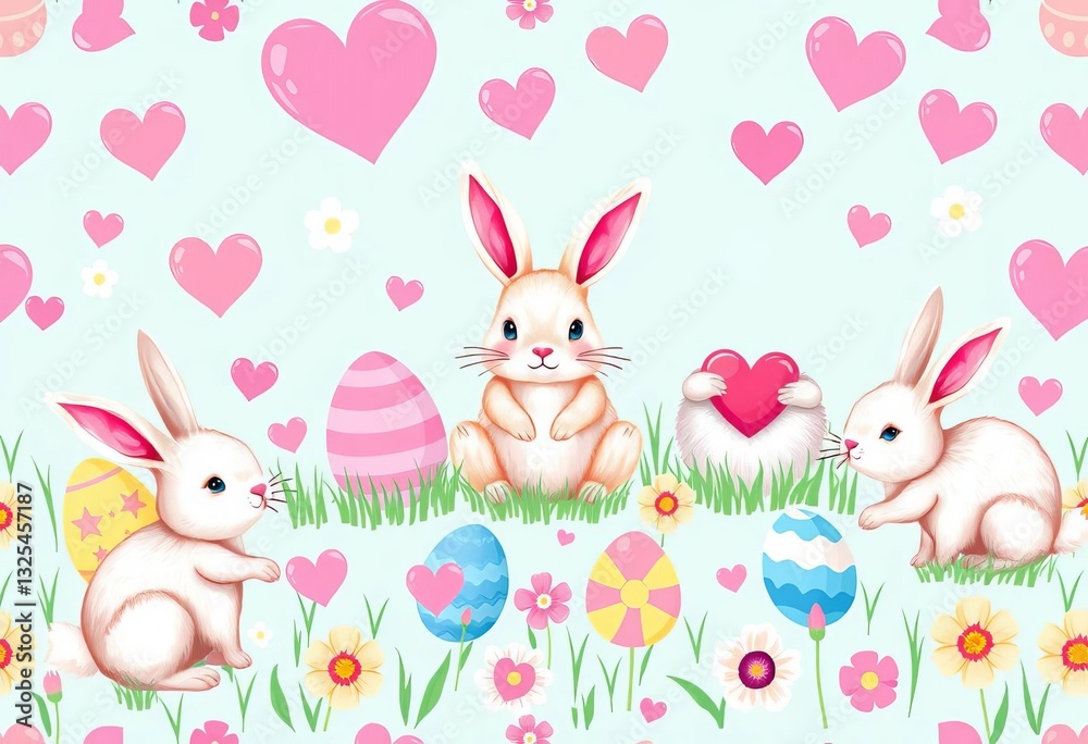 Obraz premium Adorable bunnies, eggs, hearts on bright Easter background Seamless pattern for spring , texture, eggs