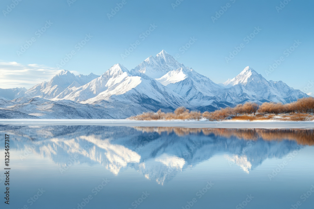 Fototapeta premium Majestic snow capped mountains reflect in serene lake under clear blue sky. tranquil scene evokes sense of peace and natural beauty, perfect for nature lovers