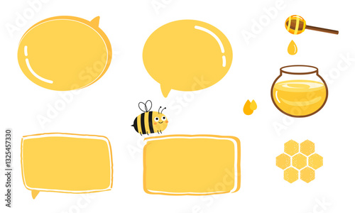 Honey sign set, bee cartons, wooden stick and honey jar isolated on white background vector. 