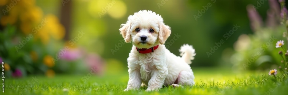 Adorable toy poodle puppy sitting in a garden, fluffy white fur, red collar, fur, garden, outdoor Adorable toy poodle puppy sitting in a garden, fluffy white fur, red collar, fur, garden, outdoor